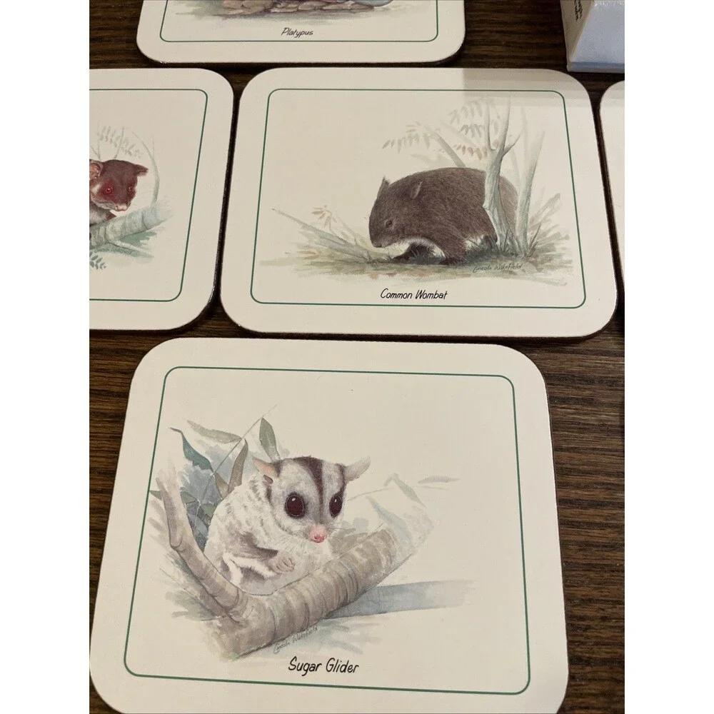 Vintage Set of 6 Cameo Australian Animals Cork Back Coasters Wildlife